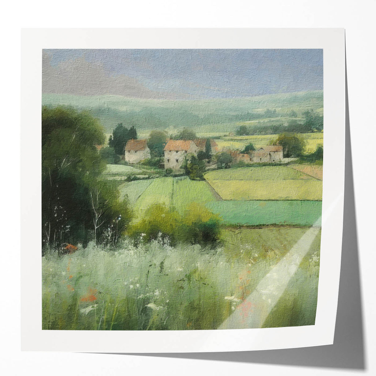 Vibrant landscape wall art print showcasing a serene countryside scene with rolling hills and a clear blue sky, presented in a glossy finish for added depth and color.