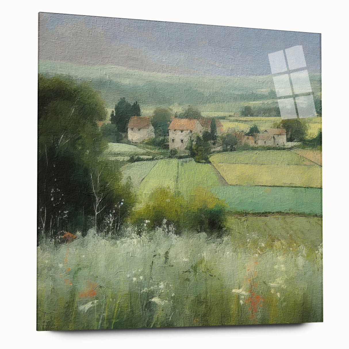 Landscape wall art depicting a serene countryside scene printed on acrylic glass, showcasing vibrant colors and fine details, ideal for home decor enhancement.