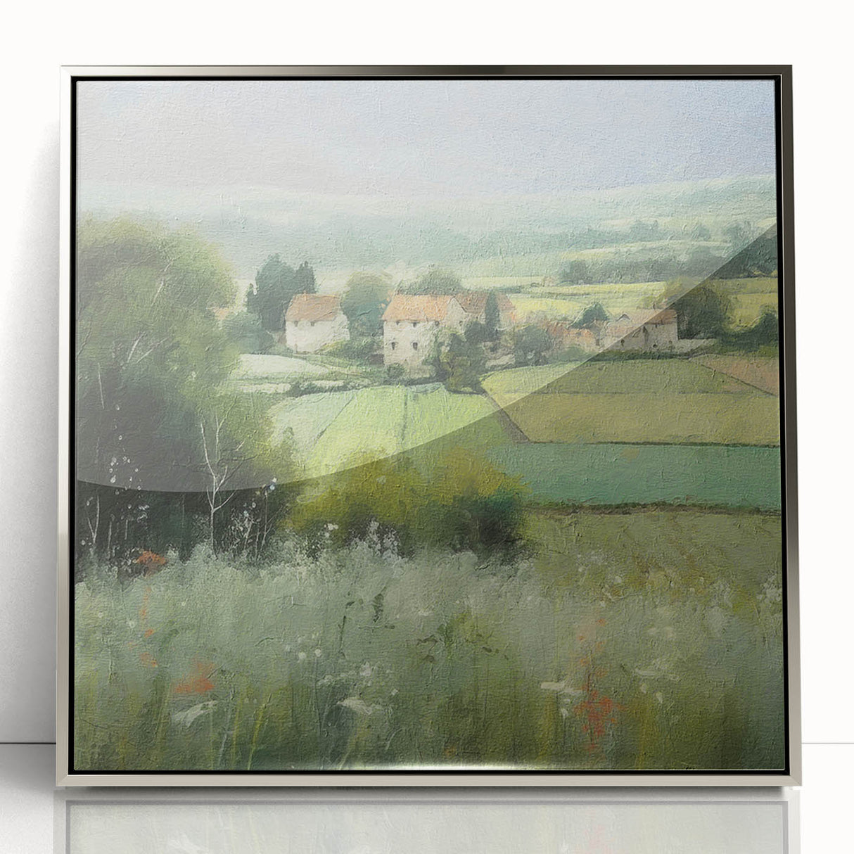 Framed acrylic wall art depicting a serene countryside landscape with vibrant colors, silver frame highlighting the artwork's beauty, ideal for home decor.