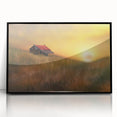 Framed acrylic print showcasing a serene countryside landscape with vibrant greens and soft blues, set in a sleek black frame, ideal for home decor.