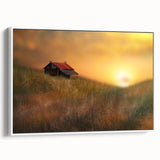 Framed canvas artwork depicting a serene countryside landscape, featuring lush green fields and a clear blue sky, elegantly displayed with a white frame.