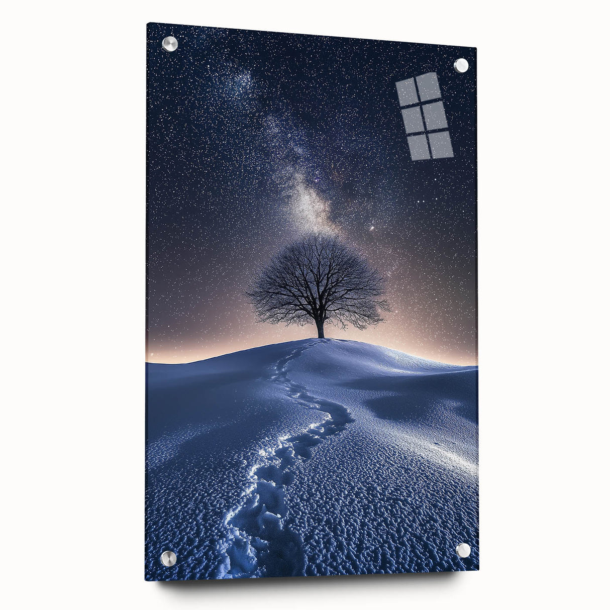 Acrylic glass artwork showcasing a vibrant desert landscape, viewed from the side with decorative pins. Ideal for modern home decor, this piece features warm hues and intricate details that evoke a serene desert scene.