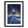 Desert landscape artwork framed in black with a white mat, showcasing vibrant hues of orange and yellow, perfect for home decor and art enthusiasts.