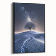 Framed canvas artwork depicting a stunning desert landscape with vibrant colors and intricate details, featuring a sleek black frame for an elegant presentation.