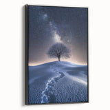 Framed canvas artwork depicting a stunning desert landscape with vibrant colors and intricate details, featuring a sleek black frame for an elegant presentation.