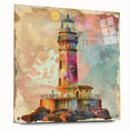 Acrylic glass wall art depicting a scenic lighthouse landscape, showcasing vibrant colors and intricate details, elegantly displayed with pins on a white background.