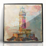 Framed acrylic wall art featuring a serene lighthouse landscape, showcasing vibrant colors and intricate details, set against a black frame for an elegant presentation. Perfect for coastal-themed decor.