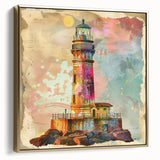 Framed canvas wall art depicting a serene lighthouse landscape, featuring silver and gold accents, perfect for coastal-themed home decor.