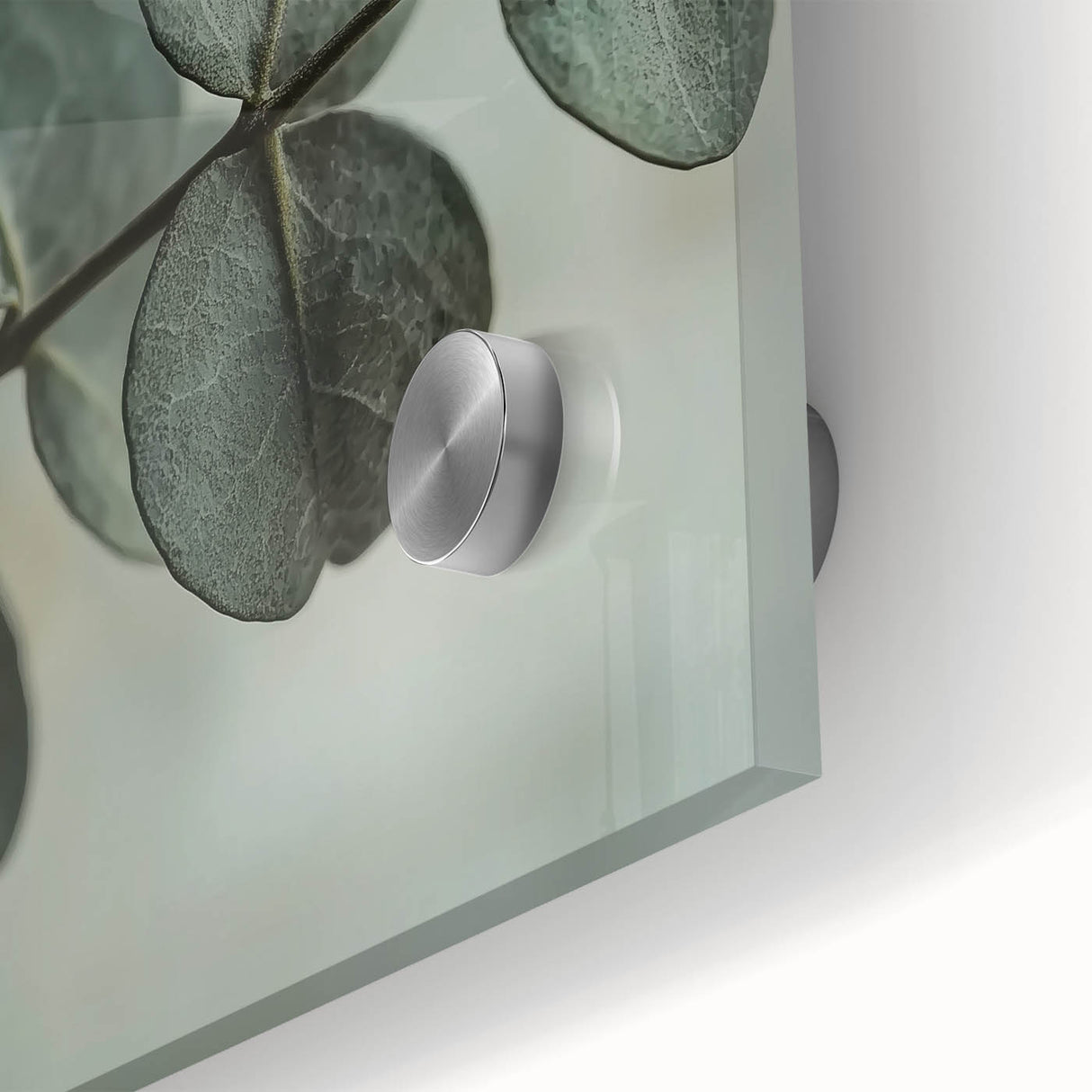 Close-up of green leaves in an abstract style, printed on acrylic glass, suitable for dining room art.