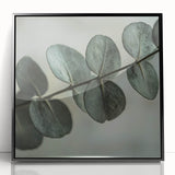 Large abstract wall art featuring close-up leaves in muted green tones, framed in black acrylic.