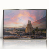 Mid-century modernist art depicting an Indian landscape in muted earth tones, framed in silver acrylic.