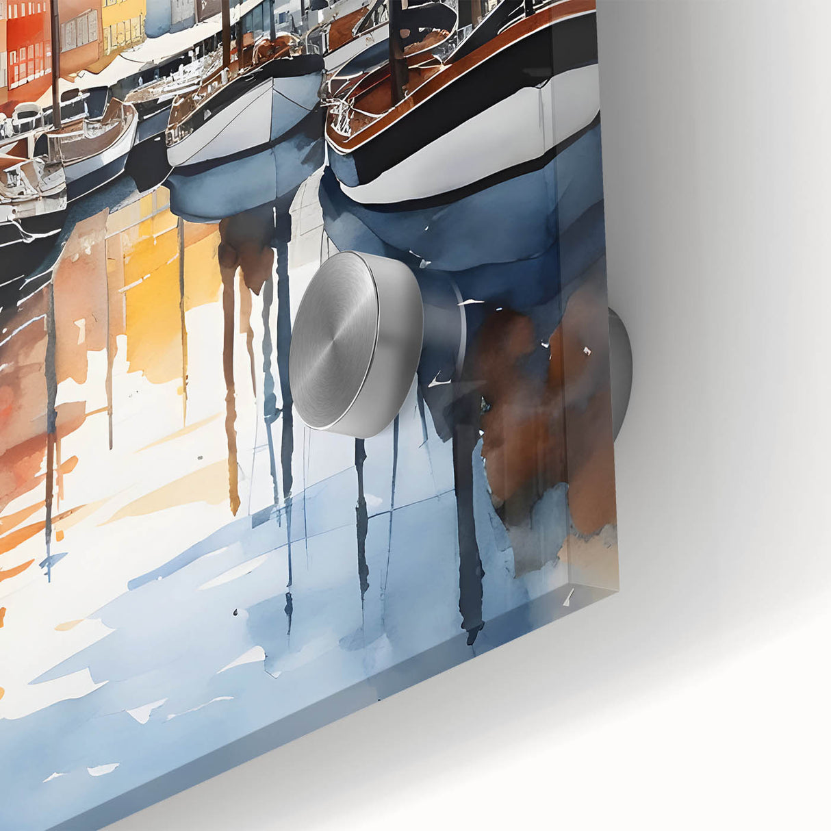 Large abstract wall art depicting a mid-century modernist European scenery in muted earth tones.