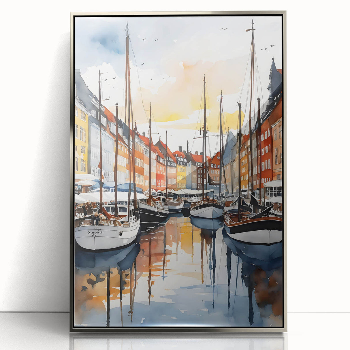 Large art print of a serene Denmark landscape in muted blue and green hues, framed in silver acrylic.