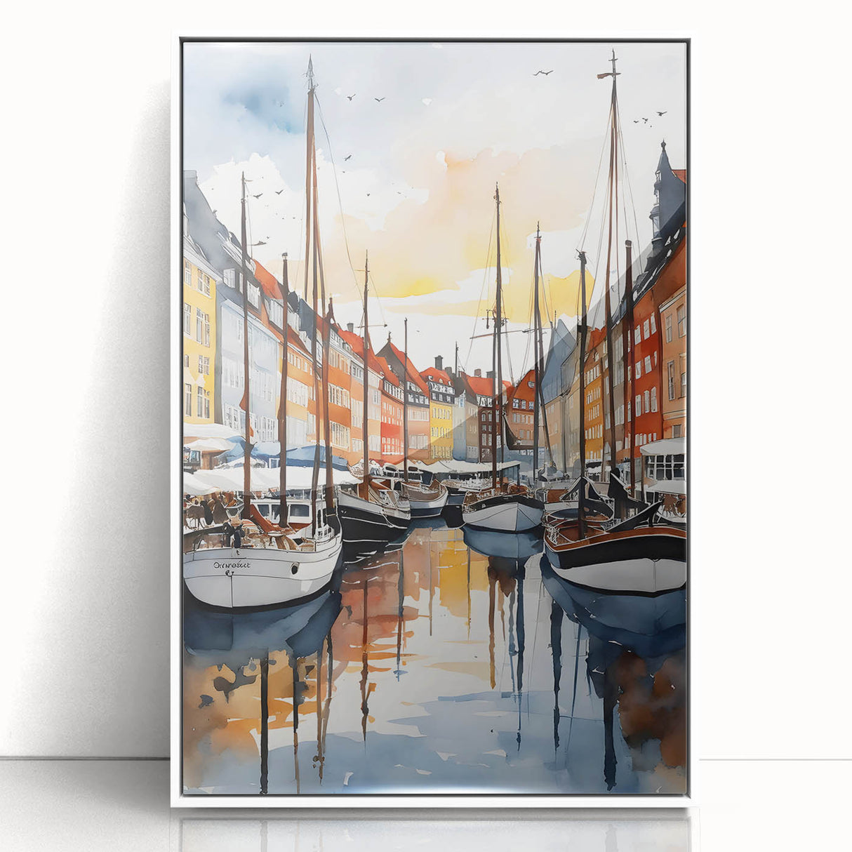 Mid-century modernist art of a European scenery in Denmark with muted colors on a framed acrylic.