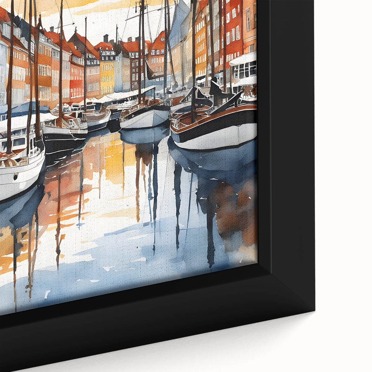 Extra large framed canvas featuring a textured depiction of a scenic Danish landscape in muted black and colorful hues.