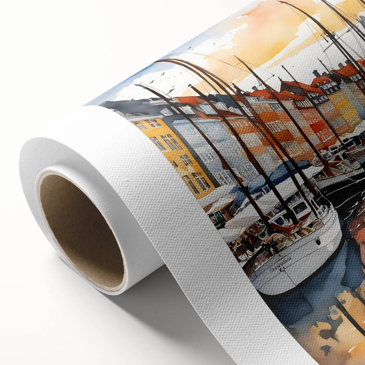 Art Deco poster of a serene Danish landscape in soft pastel shades on rolled canvas, ideal for nursery wall art.
