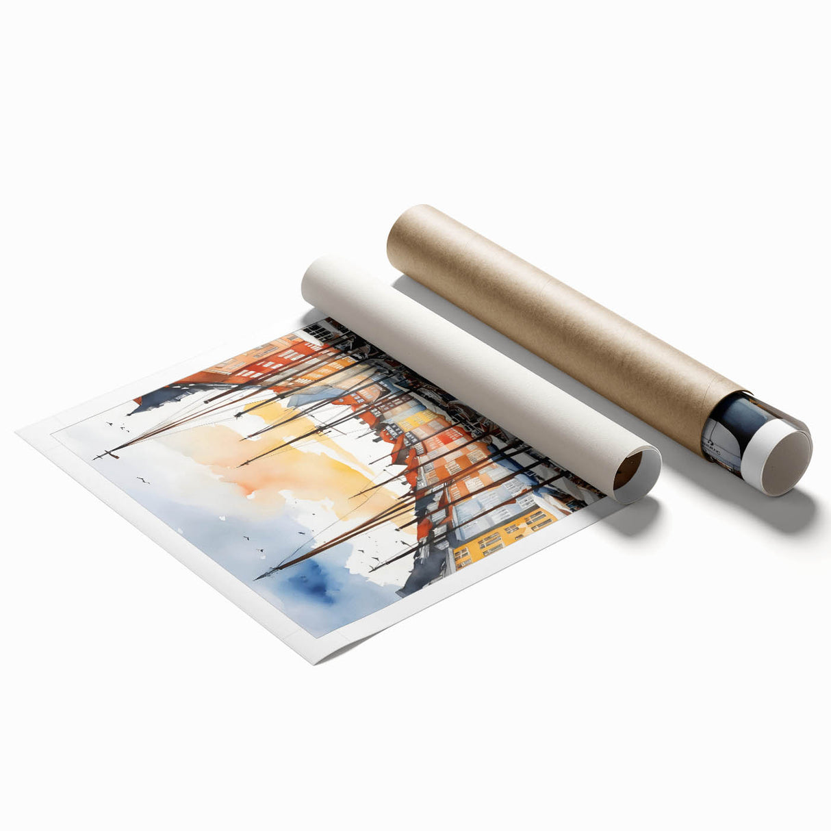 Extra large rolled print of a serene Danish landscape in muted green and blue tones, ideal for classy bathroom wall art.