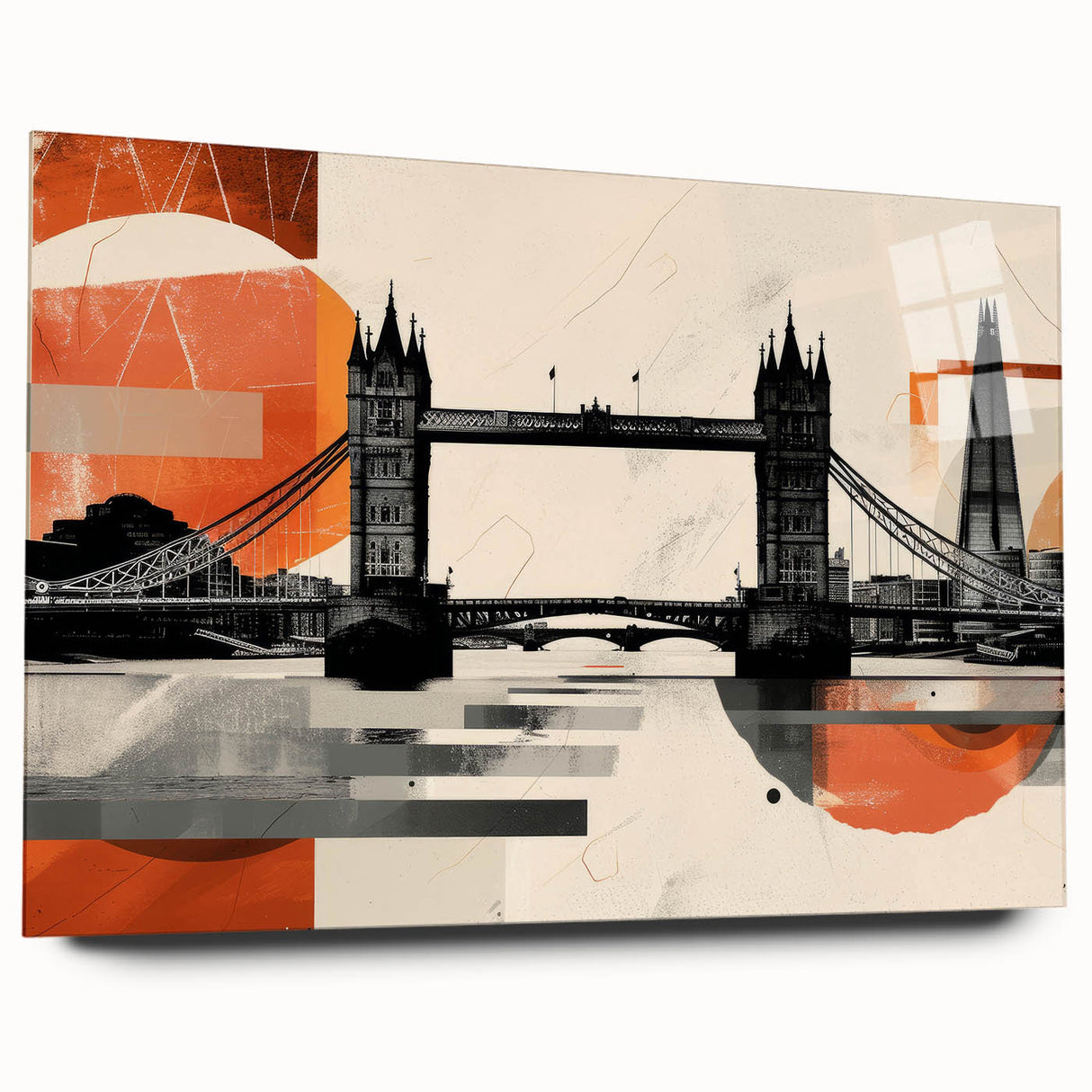 Large abstract depiction of London skyline in muted gray and blue tones on acrylic glass.