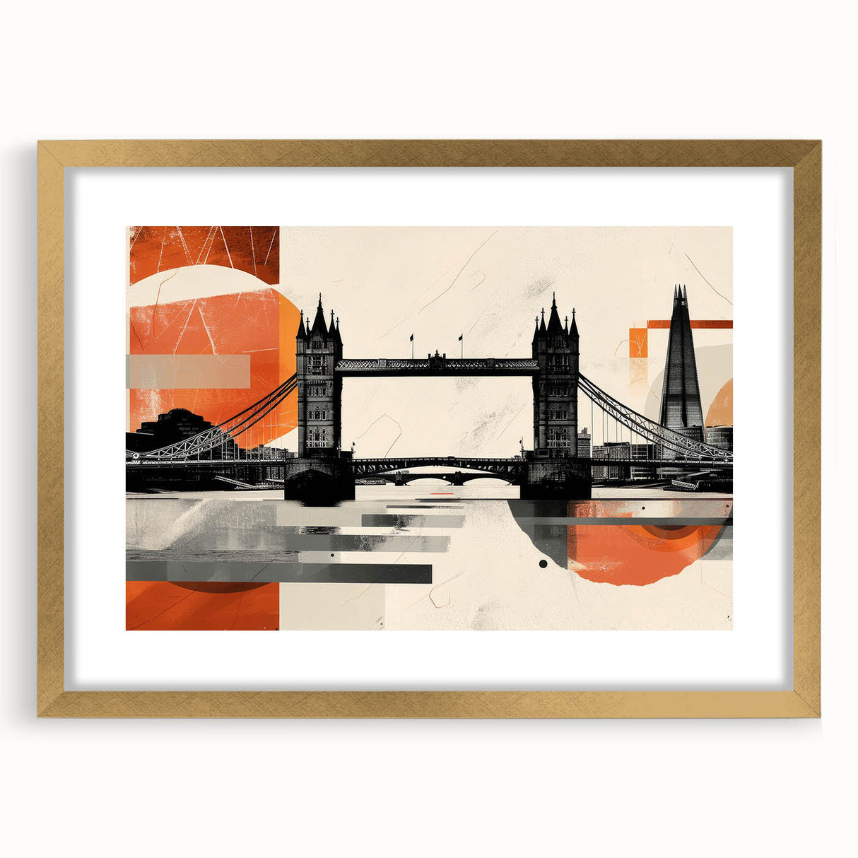 Abstract art print of London scenery in muted gold and blue tones, framed with a mat, suitable for dining room decor.
