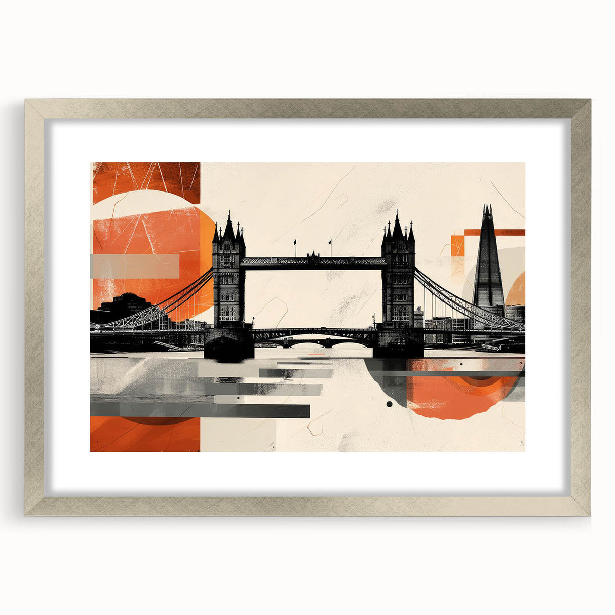 Extra large abstract art print of London scenery in muted blue and gray tones on a framed canvas.