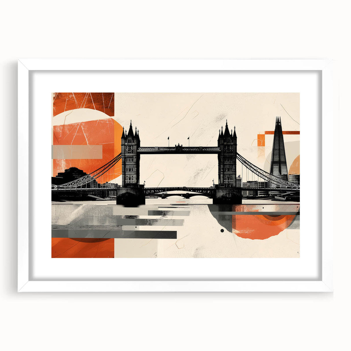 Textured abstract art print of London scenery in muted earth tones on a framed white mat, ideal for bedroom art.
