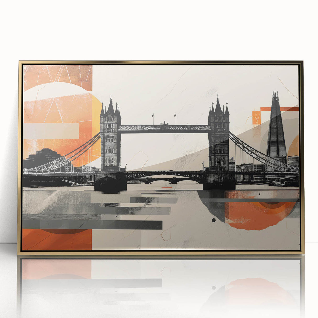 Acrylic print of London skyline in art deco style with gold frame, suited for modern art wall decor.