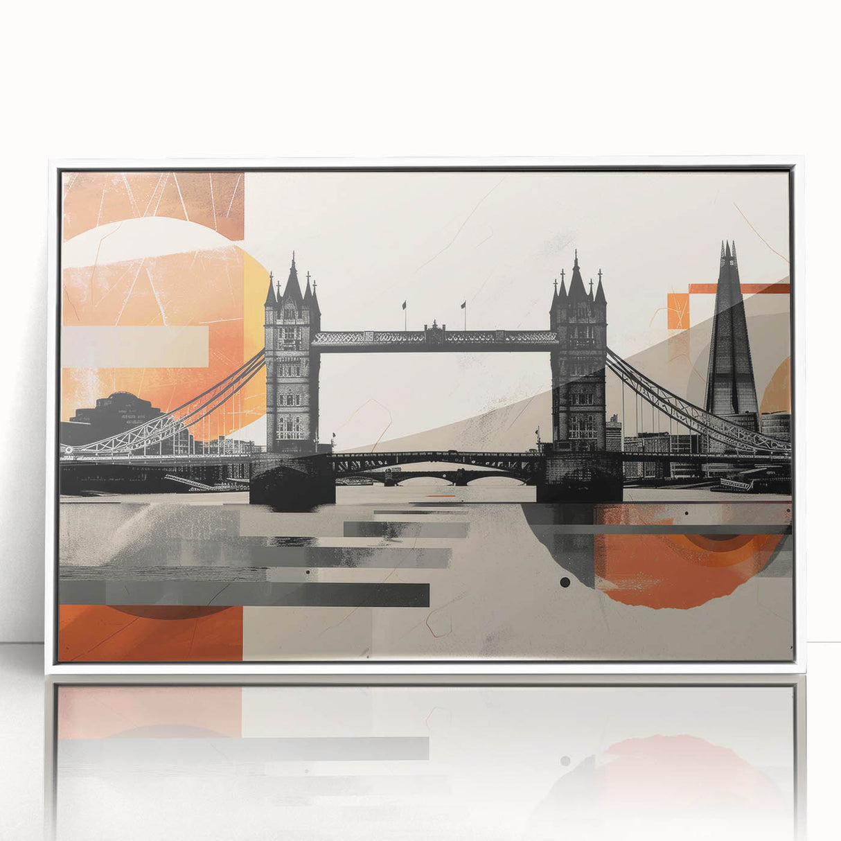 Mid-century modernist art depicting the London skyline in muted gray and blue tones on a framed acrylic.