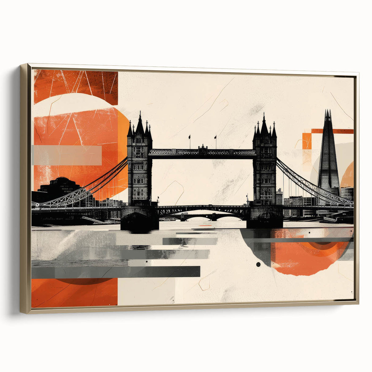 Framed canvas featuring a vintage-style London landscape in black and gold, ideal for bedroom wall art.