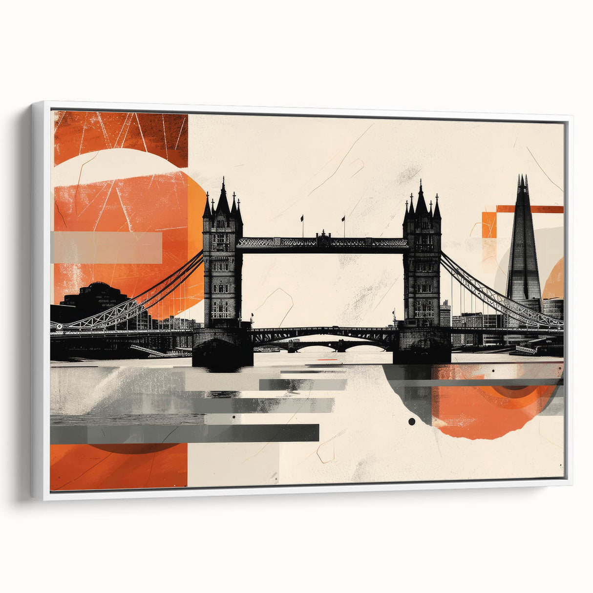 Vintage poster art of London scenery on a framed canvas, featuring colorful art in a black frame.