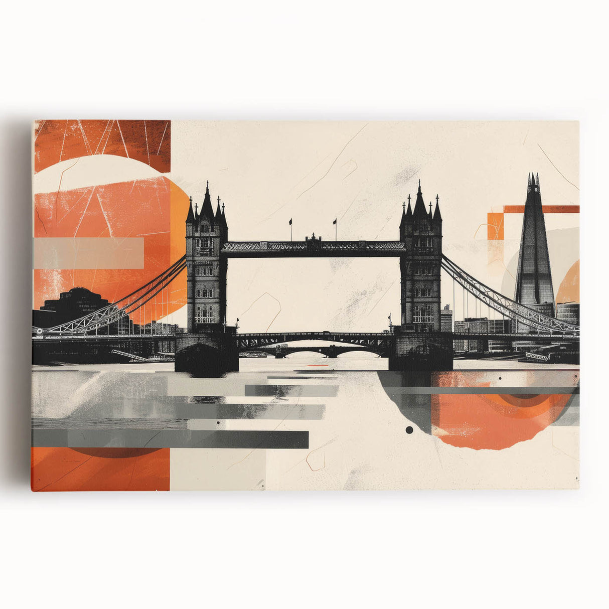 Black and white stretched canvas of London skyline, ideal for kitchen wall art.