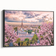 Black and white vintage poster art of Paris landscape on framed canvas, suitable for bedroom decor.