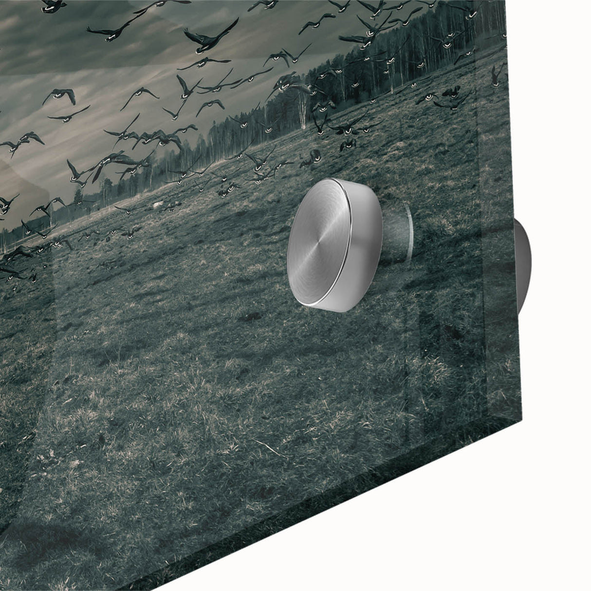 Mid-century modernist style large abstract art print of a European landscape in muted earth tones on acrylic glass.