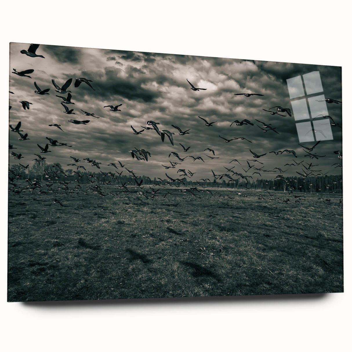 Large abstract wall art of a European landscape in soft gray and blue tones on acrylic glass.