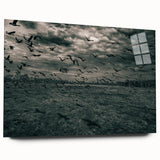 Large abstract wall art of a European landscape in soft gray and blue tones on acrylic glass.
