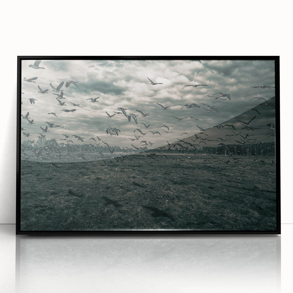 Large abstract wall art depicting a European scenery in muted earth tones, framed in black acrylic.