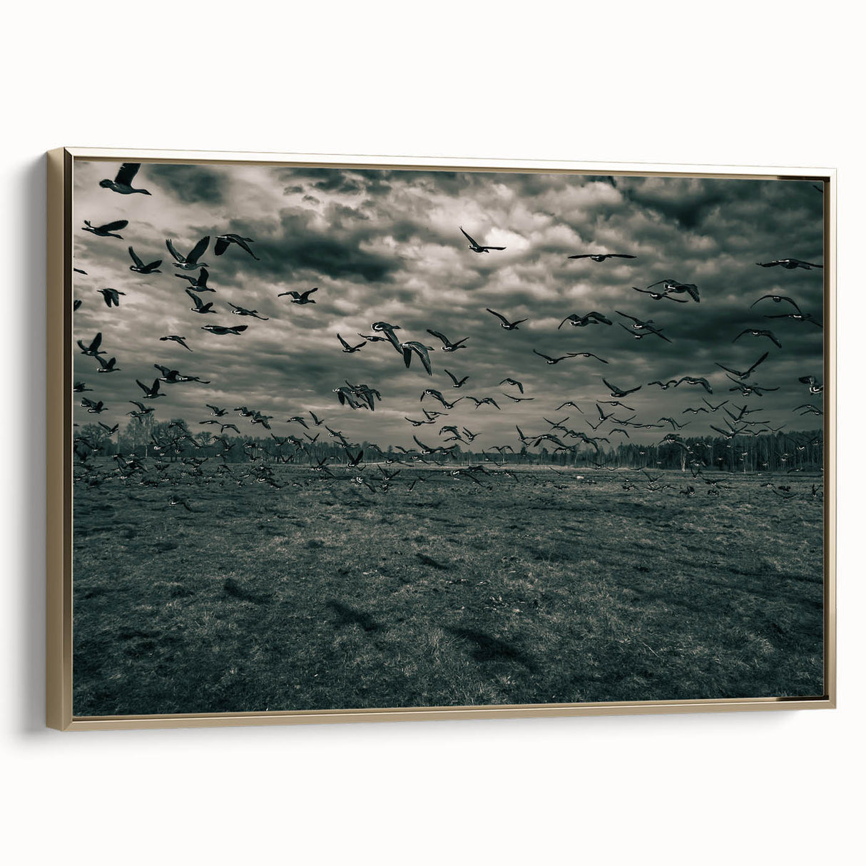 Framed canvas depicting a vintage-style Latvian landscape in muted gold and black tones, ideal for bedroom wall art.