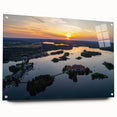 Acrylic glass print of a European landscape in muted green and blue tones, ideal for dining room decor.