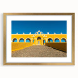 Extra large abstract art print of Yucatan scenery in textured style, with gold frame, ideal for living room decor.