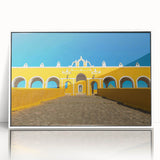 Framed acrylic print of a Yucatan scenery in art deco style with soft pastel colors, ideal for modern nursery wall decor.