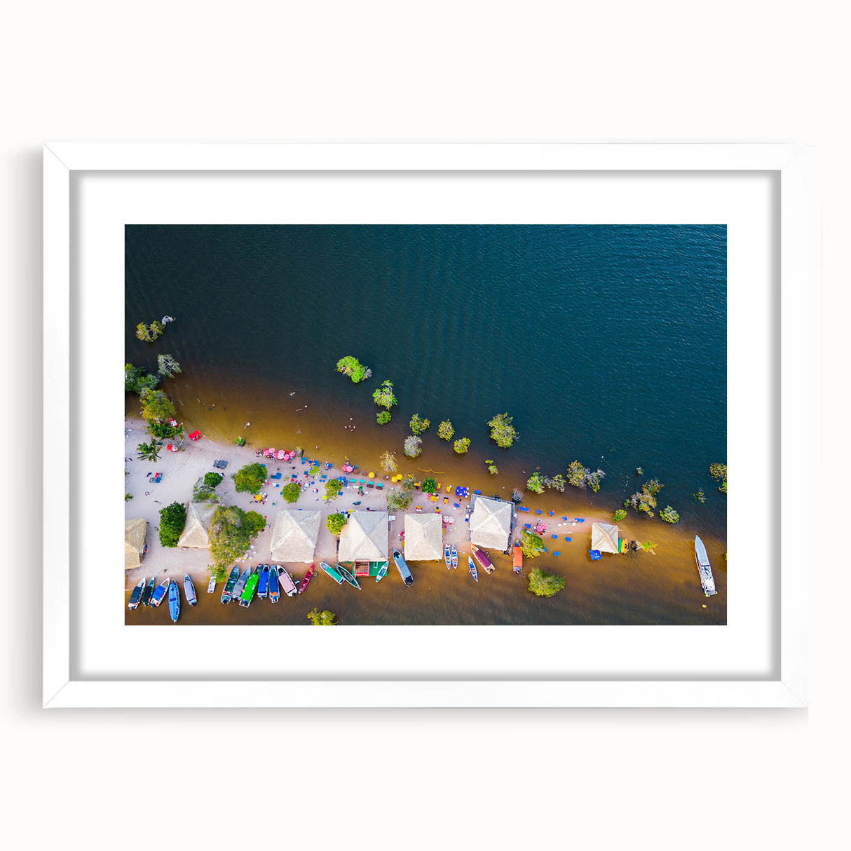Abstract art print of a Brazilian landscape in muted greens and blues on a framed white mat, suitable for dining room decor.