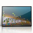 Large abstract wall art depicting a stylized Brazilian landscape in vibrant colors, framed in black acrylic.