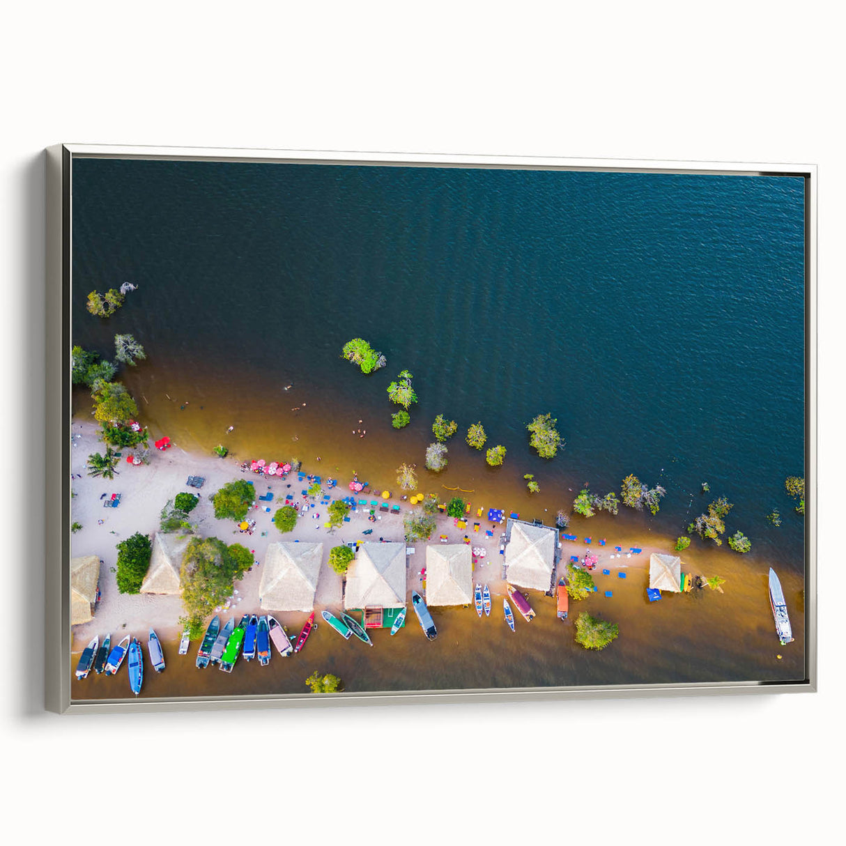 Framed canvas featuring a vintage-style landscape art painting of a Brazilian scene in vibrant colors on a black background.