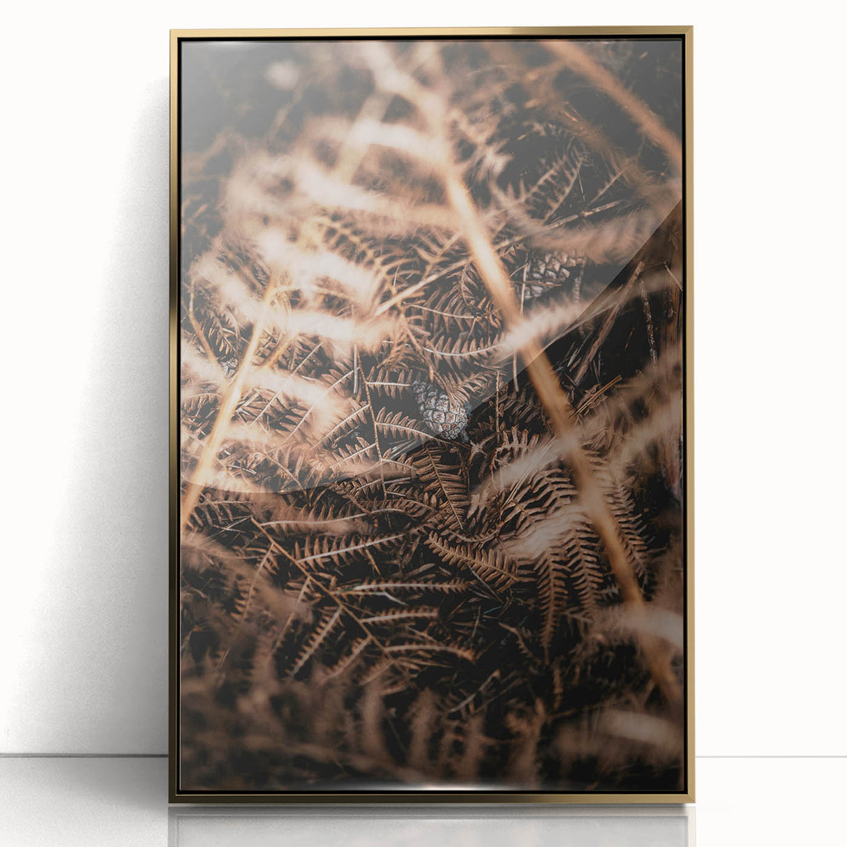 Large acrylic print of a mid-century modernist fall scene with warm gold and orange tones, ideal for nursery wall decor.