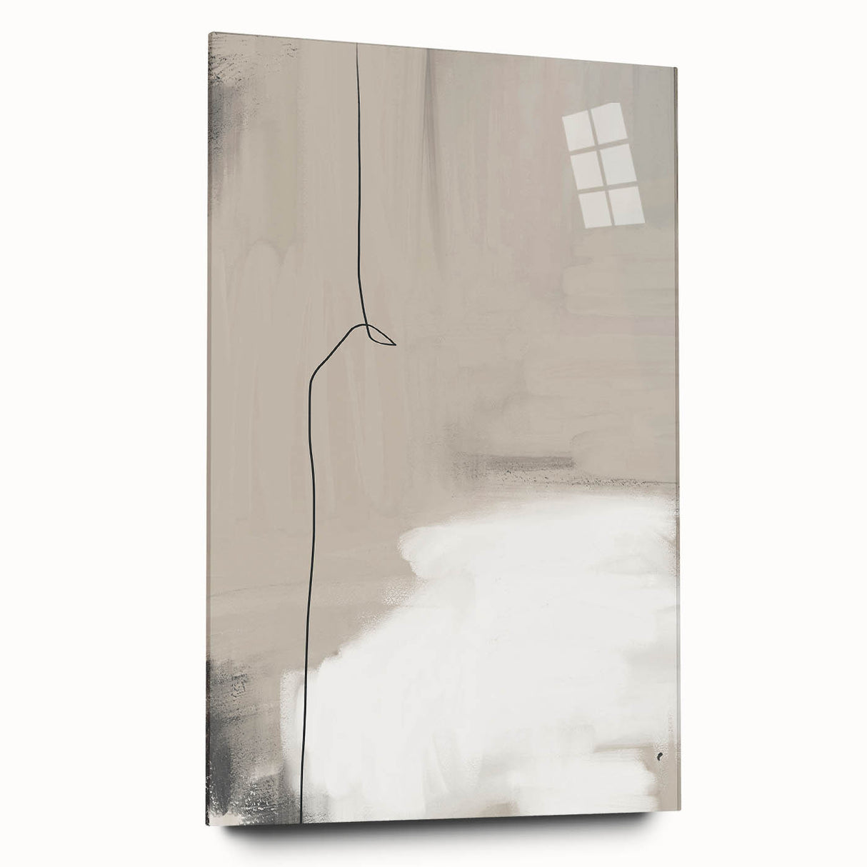Abstract minimalist wall art displayed in a sleek acrylic glass frame, showcasing soft pastel colors and geometric shapes, ideal for modern decor.