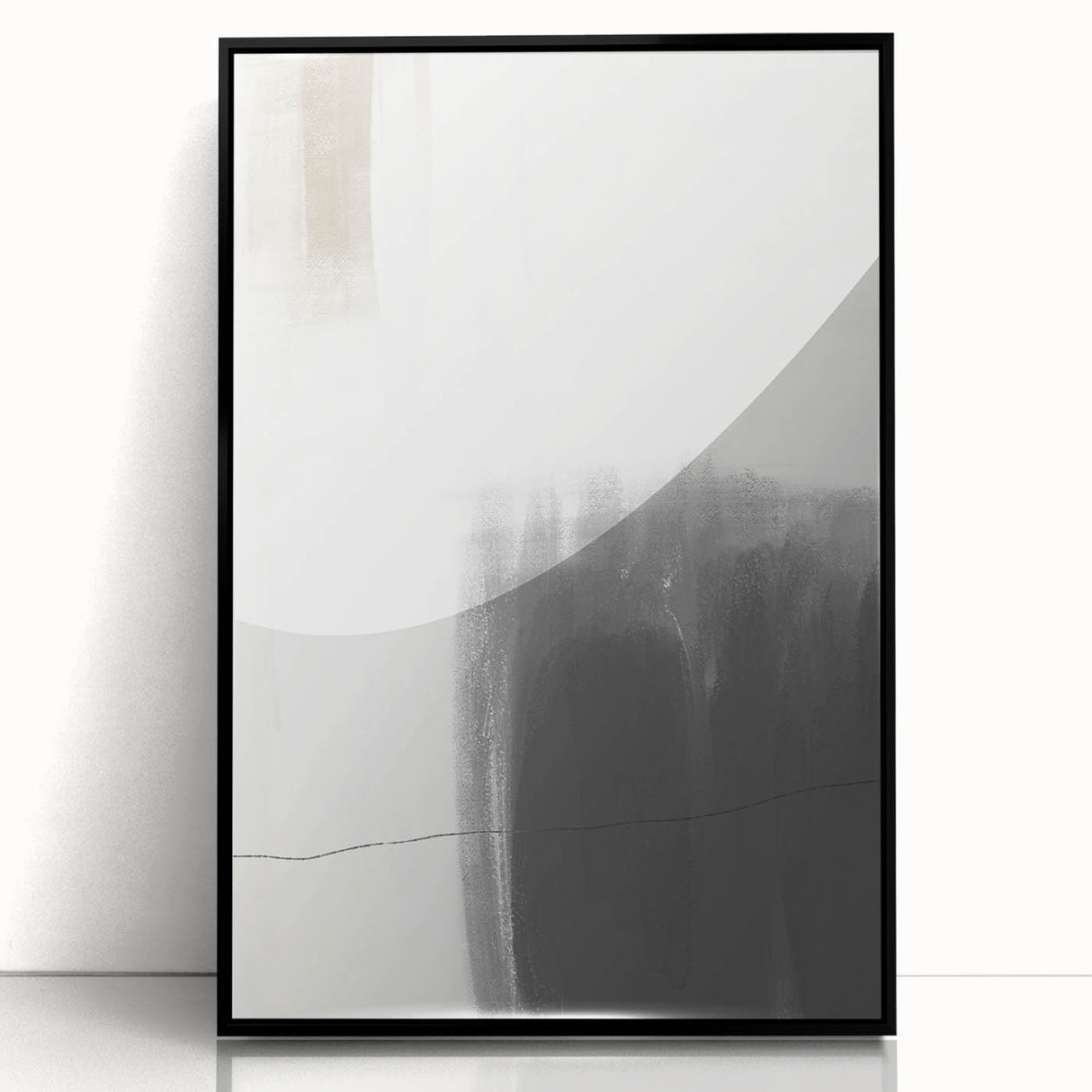 Framed abstract minimalist wall art in black acrylic, showcasing geometric patterns and a sleek design, ideal for modern home decor. Perfect for enhancing contemporary interiors.