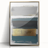 Framed minimalist abstract art piece showcasing a gold-accented design, set against a clear acrylic background. Perfect for modern home decor, adding elegance to any space.