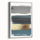 Framed minimalist abstract canvas artwork with a silver frame, highlighting geometric shapes and soft color gradients, ideal for modern home decor.