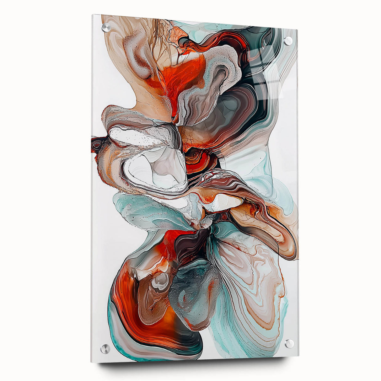 Abstract minimalist acrylic glass design showcasing vibrant colors and geometric shapes, set against a neutral backdrop, ideal for modern home decor.