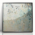 Framed minimalist abstract artwork with a sleek black acrylic front, showcasing geometric shapes and soft color gradients, ideal for modern home decor.