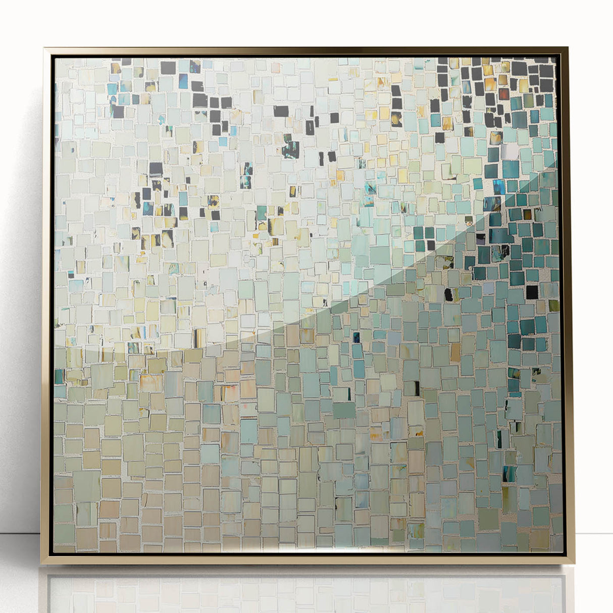 Framed minimalist abstract art piece featuring gold tones on a sleek acrylic background, ideal for modern home decor and artistic aesthetics. Perfect for enhancing contemporary interiors.